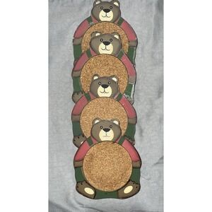 Christmas Teddy Bear Coaster‎ Set Wooden Country Bears Cork
